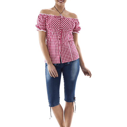 Carmenblouse rood - wit ruit, striklint van Haus Huberts koop je bij Partywinkel