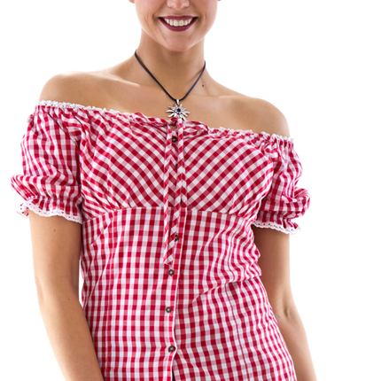 Carmenblouse rood - wit ruit, striklint van Haus Huberts koop je bij Partywinkel