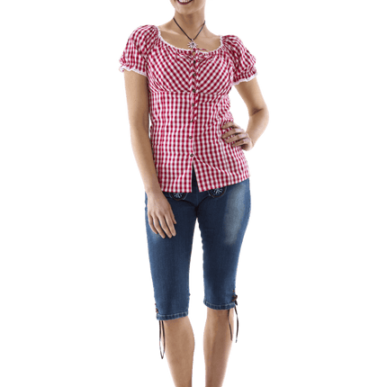 Carmenblouse rood - wit ruit, striklint van Haus Huberts koop je bij Partywinkel