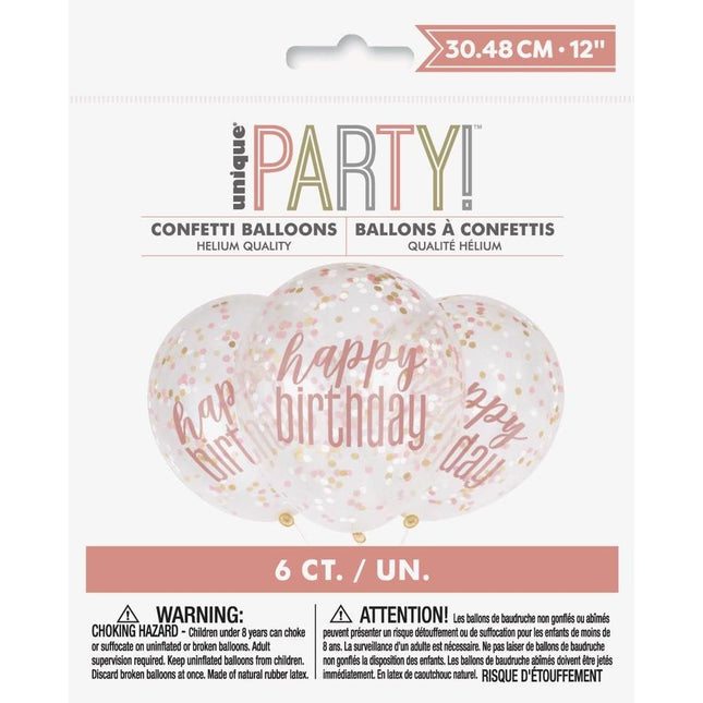 Confetti Ballonnen Happy Birthday Rose Goud 45cm 6st van Unique koop je bij Partywinkel