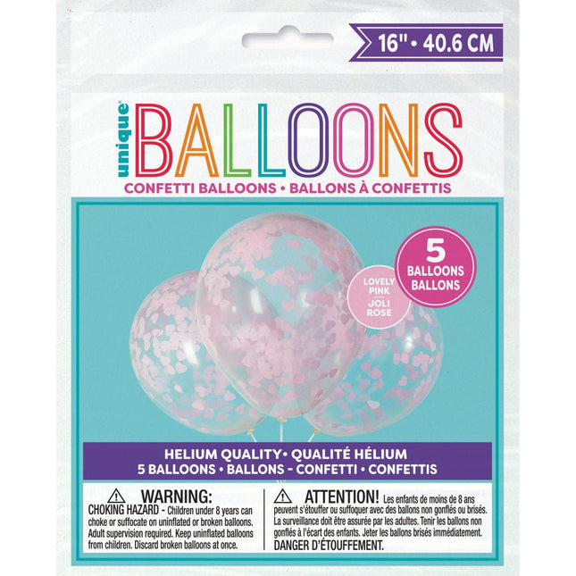 Confetti Ballonnen Roze Hart 40cm 5st van Unique koop je bij Partywinkel