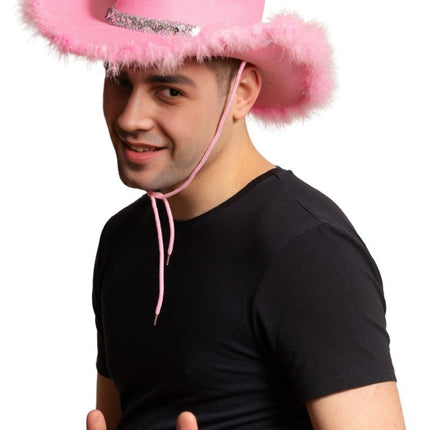 Cowboy Hoed Glitter met Bont Roze van Partychimp koop je bij Partywinkel
