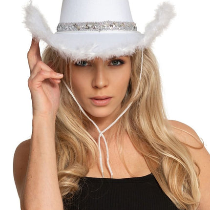 Cowboy Hoed Glitter met Bont Wit van Partychimp koop je bij Partywinkel