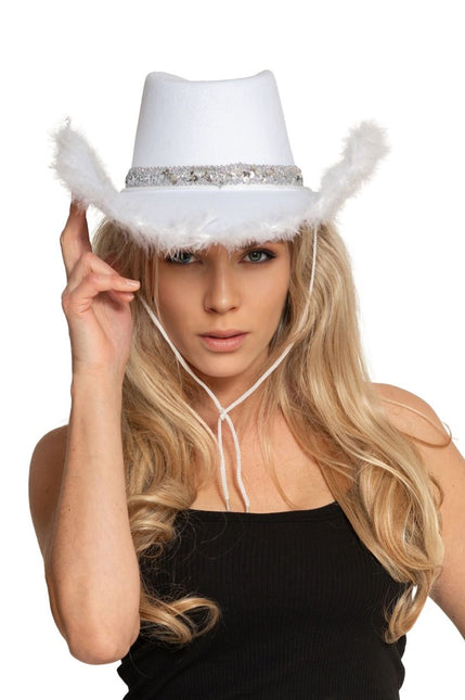 Cowboy Hoed Glitter met Bont Wit van Partychimp koop je bij Partywinkel
