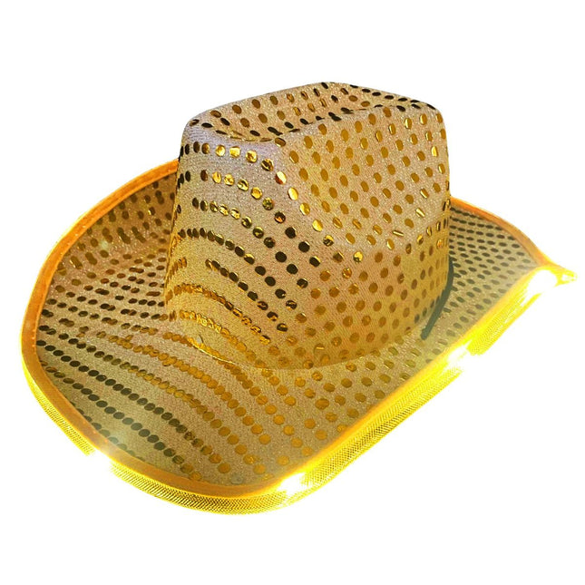 Cowboy Hoed Pailletten met licht incl Batterijen Goud van Partychimp koop je bij Partywinkel