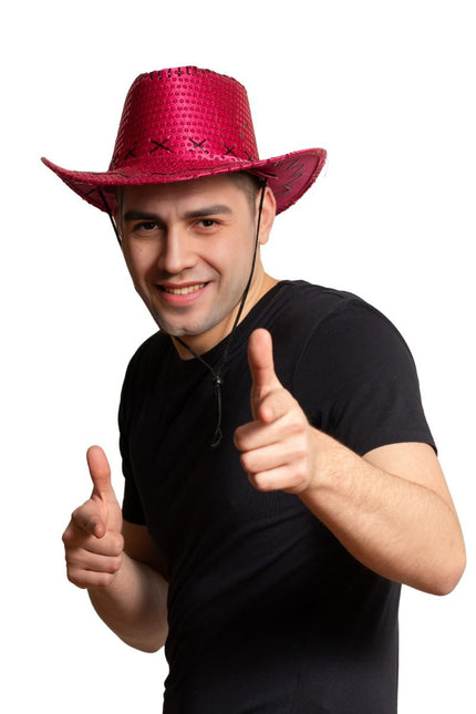 Cowboy Hoed Pailletten Neon Roze van Partychimp koop je bij Partywinkel