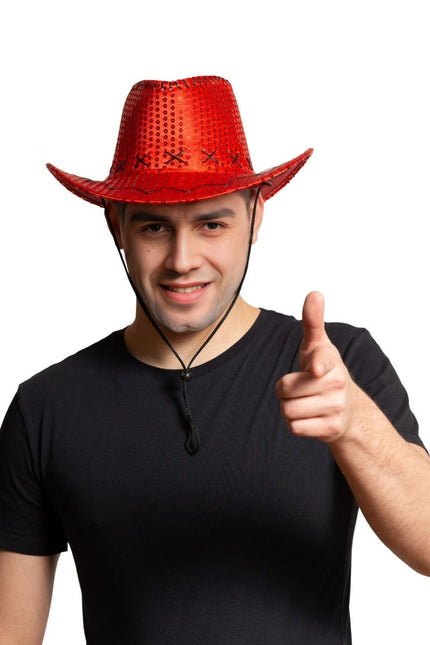 Cowboy Hoed Pailletten Rood van Partychimp koop je bij Partywinkel