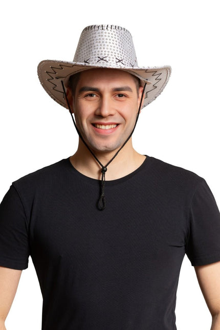 Cowboy Hoed Pailletten Zilver van Partychimp koop je bij Partywinkel