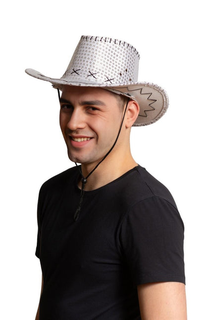 Cowboy Hoed Pailletten Zilver van Partychimp koop je bij Partywinkel