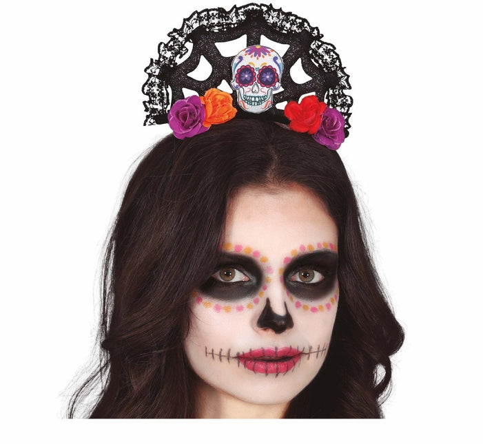 Dia De Los Muertos Haarband Bloemen En Doodshoofd van Fiestas Guirca koop je bij Partywinkel