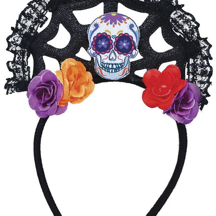 Dia De Los Muertos Haarband Bloemen En Doodshoofd van Fiestas Guirca koop je bij Partywinkel