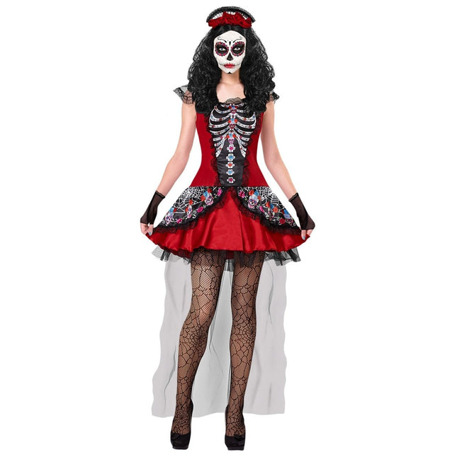 Dia De Los Muertos Jurk Zwart Rood Dames van Widmann koop je bij Partywinkel