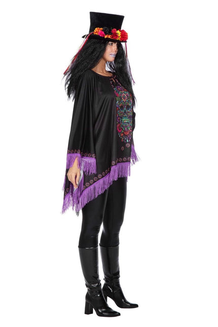 Dia De Los Muertos Poncho Zwart Paars van Wilbers & Wilbers koop je bij Partywinkel