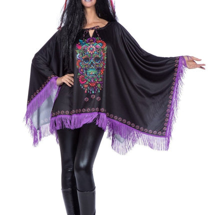 Dia De Los Muertos Poncho Zwart Paars van Wilbers & Wilbers koop je bij Partywinkel