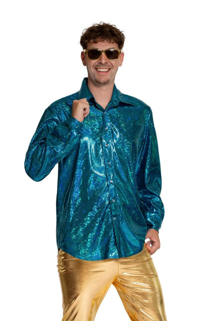 Disco 70S Blouse Blauw Glans van Partychimp koop je bij Partywinkel