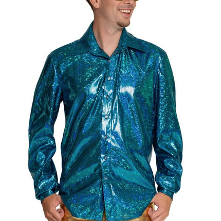 Disco 70S Blouse Blauw Glans van Partychimp koop je bij Partywinkel
