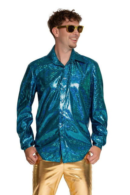Disco 70S Blouse Blauw Glans van Partychimp koop je bij Partywinkel