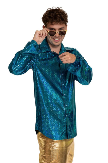 Disco 70S Blouse Blauw Glans van Partychimp koop je bij Partywinkel