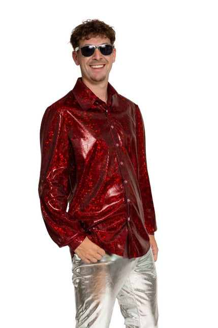 Disco 70S Blouse Rood Glans van Partychimp koop je bij Partywinkel