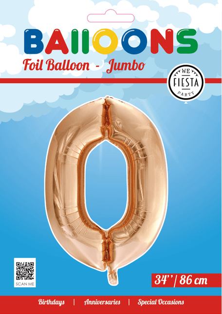 Folie Ballon Cijfer 0 Rose Goud XL 86cm leeg van WeFiesta koop je bij Partywinkel
