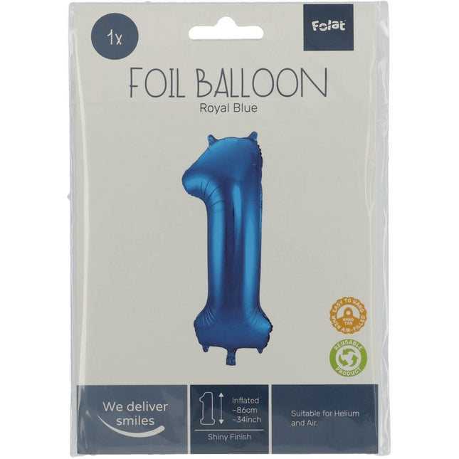 Folie Ballon Cijfer 1 Blauw Metallic XL 86cm leeg van Folat koop je bij Partywinkel