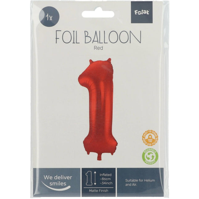 Folie Ballon Cijfer 1 Mat Rood XL 86cm leeg van Folat koop je bij Partywinkel