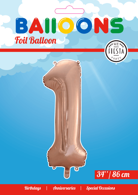 Folie Ballon Cijfer 1 Rose Goud XL 86cm leeg van WeFiesta koop je bij Partywinkel