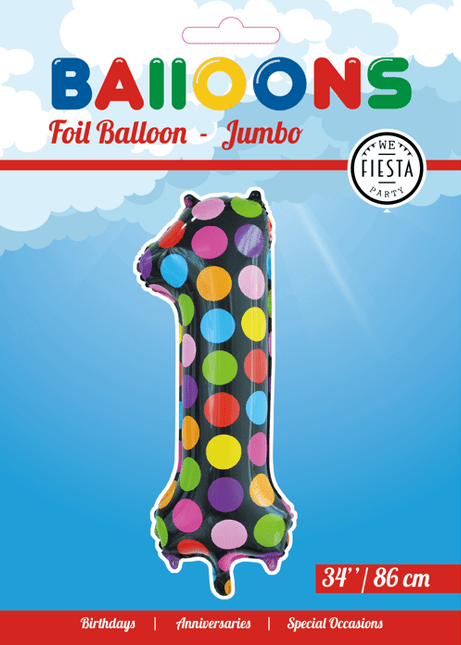 Folie Ballon Cijfer 1 Stippen XL 86cm leeg van WeFiesta koop je bij Partywinkel