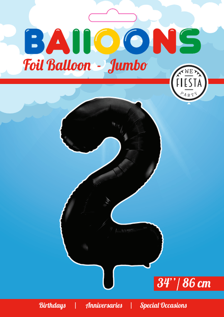 Folie Ballon Cijfer 2 Zwart XL 86cm leeg van WeFiesta koop je bij Partywinkel