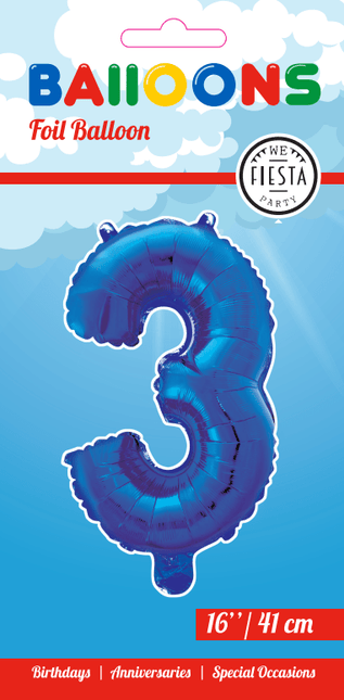 Folie Ballon Cijfer 3 Blauw 41cm met Rietje van WeFiesta koop je bij Partywinkel