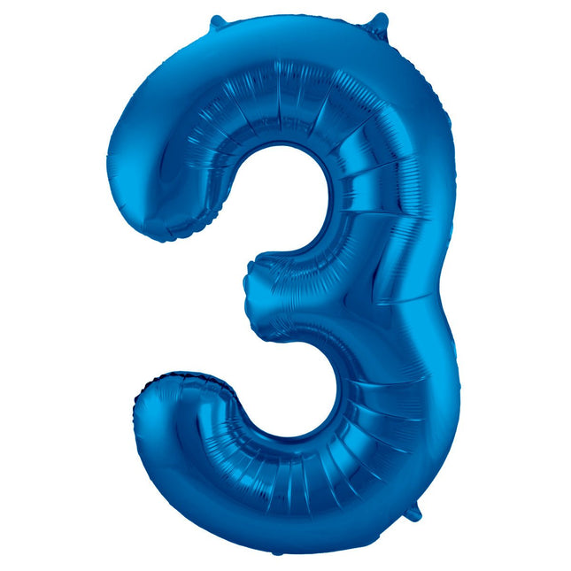 Folie Ballon Cijfer 3 Blauw Metallic XL 86cm leeg van Folat koop je bij Partywinkel