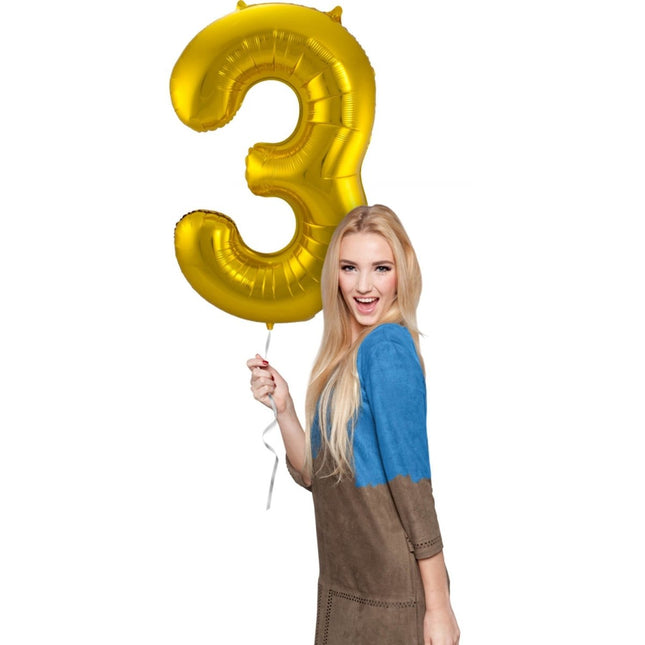Folie Ballon Cijfer 3 Goud Metallic XL 86cm leeg van Folat koop je bij Partywinkel