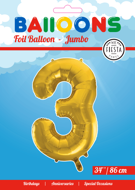 Folie Ballon Cijfer 3 Goud XL 86cm leeg van WeFiesta koop je bij Partywinkel
