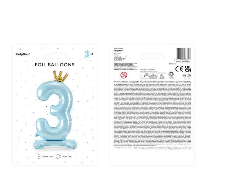 Folie Ballon Cijfer 3 Lichtblauw Standaard Leeg 84cm van Partydeco koop je bij Partywinkel