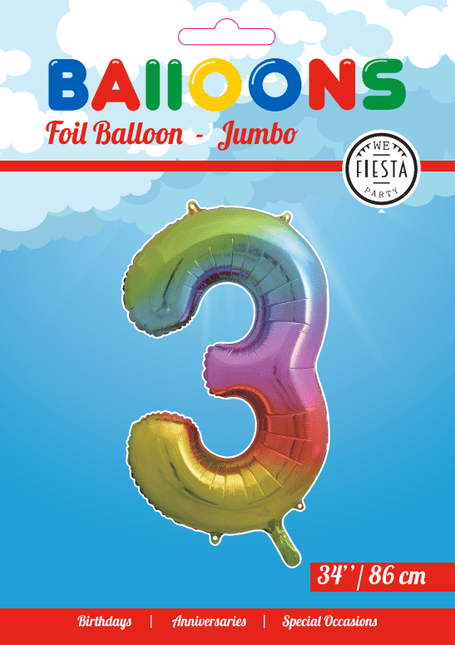 Folie Ballon Cijfer 3 Regenboog XL 86cm leeg van WeFiesta koop je bij Partywinkel