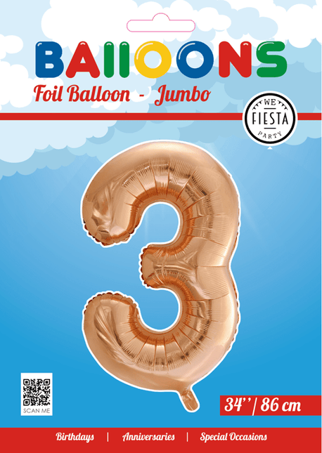 Folie Ballon Cijfer 3 Rose Goud XL 86cm leeg van WeFiesta koop je bij Partywinkel