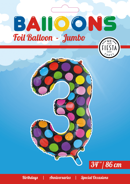 Folie Ballon Cijfer 3 Stippen XL 86cm leeg van WeFiesta koop je bij Partywinkel