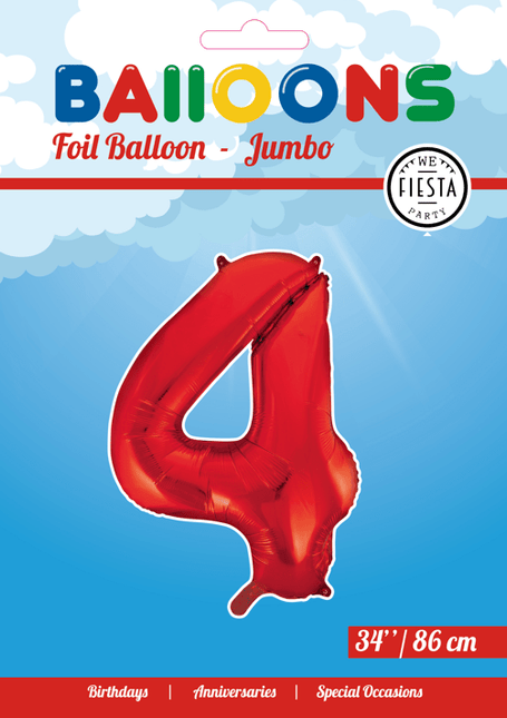 Folie Ballon Cijfer 4 Rood XL 86cm leeg van WeFiesta koop je bij Partywinkel