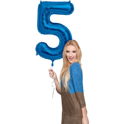 Folie Ballon Cijfer 5 Blauw Metallic XL 86cm leeg van Folat koop je bij Partywinkel