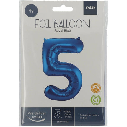 Folie Ballon Cijfer 5 Blauw Metallic XL 86cm leeg van Folat koop je bij Partywinkel
