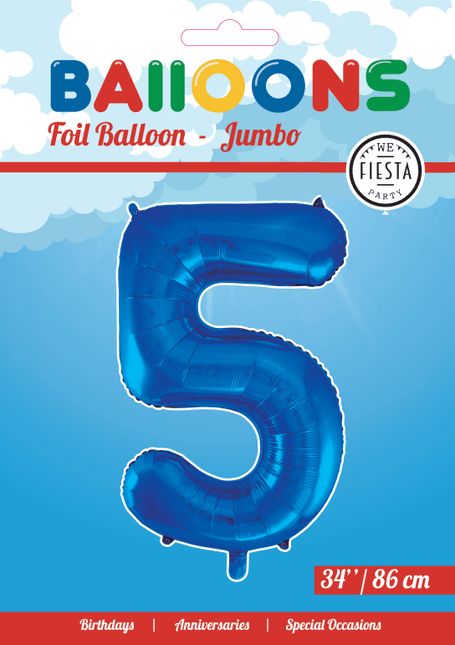 Folie Ballon Cijfer 5 Blauw XL 86cm leeg van WeFiesta koop je bij Partywinkel