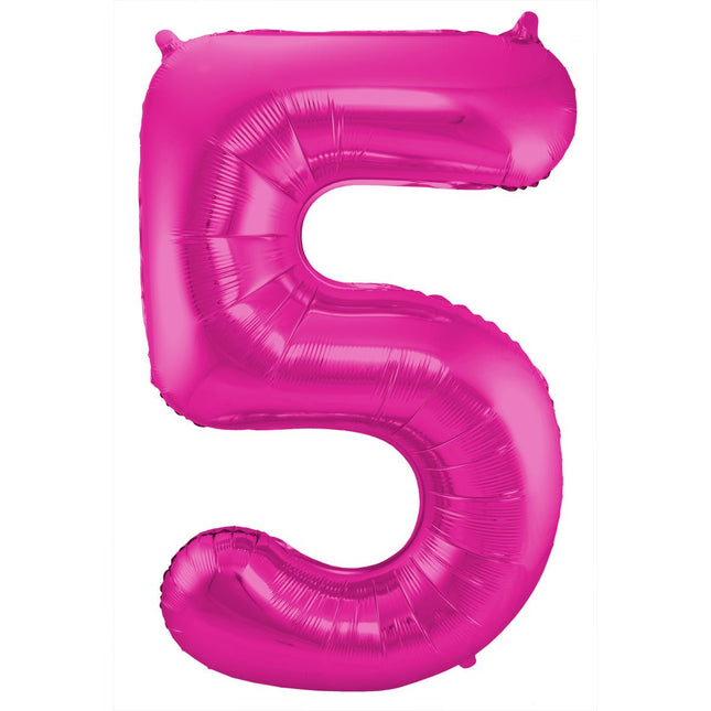 Folie Ballon Cijfer 5 Fuchsia Metallic XL 86cm leeg van Folat koop je bij Partywinkel