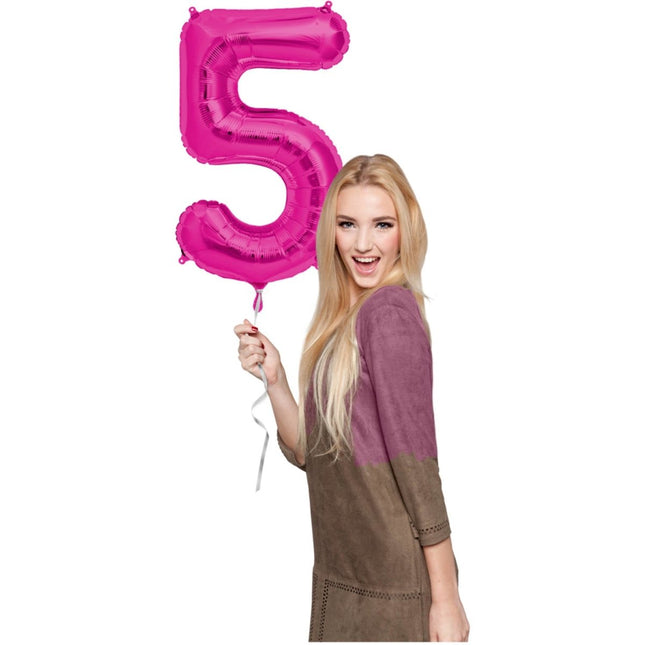 Folie Ballon Cijfer 5 Fuchsia Metallic XL 86cm leeg van Folat koop je bij Partywinkel