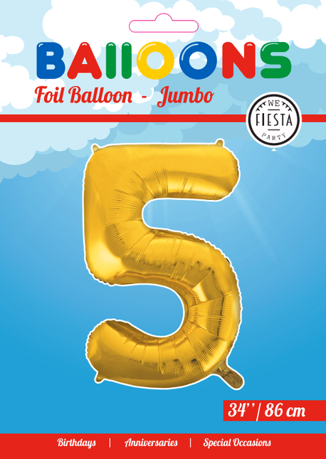 Folie Ballon Cijfer 5 Goud XL 86cm leeg van WeFiesta koop je bij Partywinkel