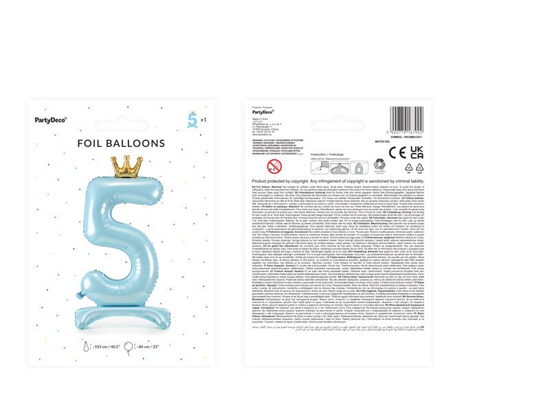 Folie Ballon Cijfer 5 Lichtblauw Standaard Leeg 84cm van Partydeco koop je bij Partywinkel
