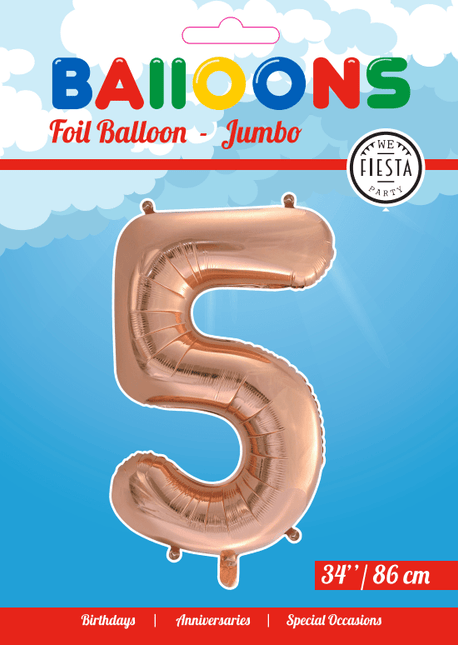 Folie Ballon Cijfer 5 Rose Goud XL 86cm leeg van WeFiesta koop je bij Partywinkel