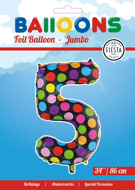 Folie Ballon Cijfer 5 Stippen XL 86cm leeg van WeFiesta koop je bij Partywinkel
