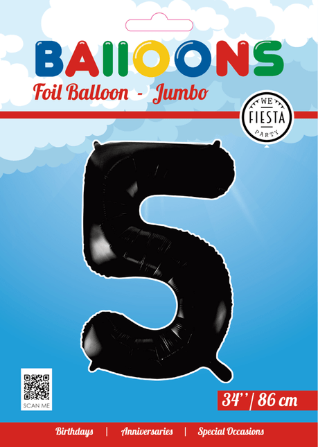 Folie Ballon Cijfer 5 Zwart XL 86cm leeg van WeFiesta koop je bij Partywinkel