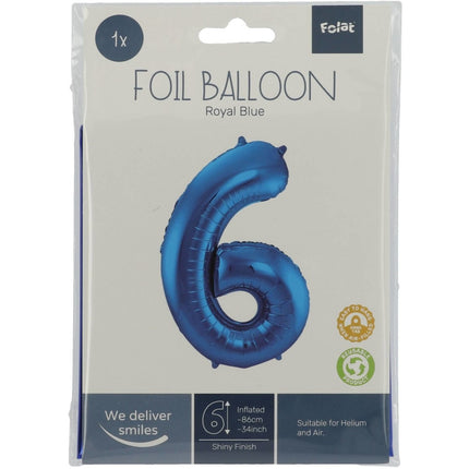 Folie Ballon Cijfer 6 Blauw Metallic XL 86cm leeg van Folat koop je bij Partywinkel