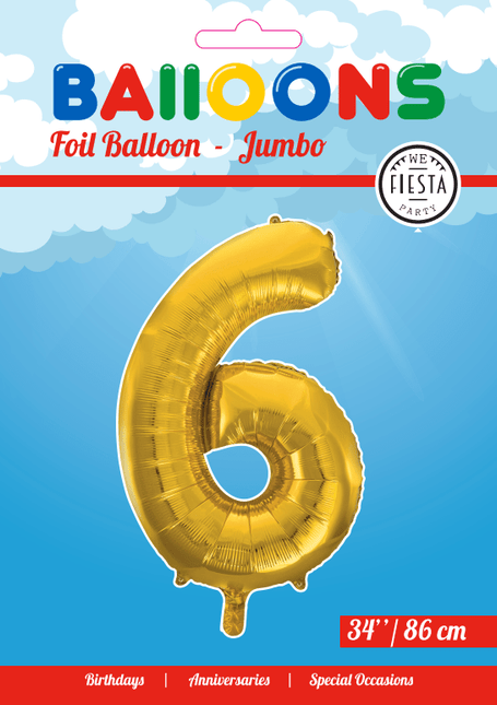 Folie Ballon Cijfer 6 Goud XL 86cm leeg van WeFiesta koop je bij Partywinkel